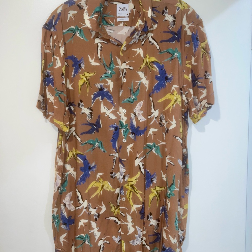 Zara Men’s Casual Button Down Shirt with Bird Motifs